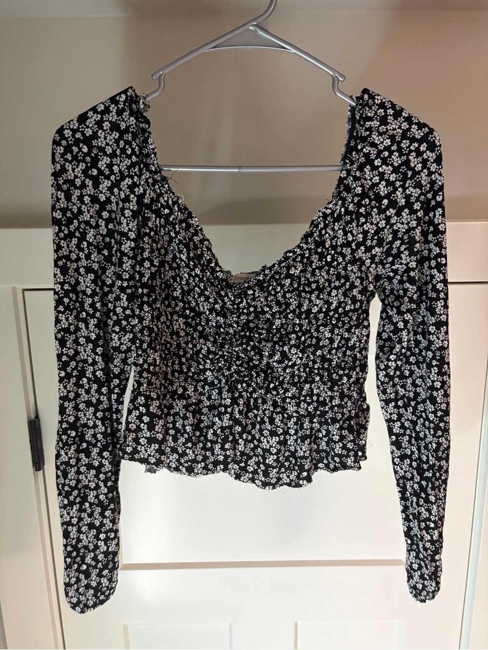 Urban Outfitters Black Floral Smocked Long-Sleeve Top